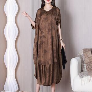 Tree Painted Plus Size Cocoon Dress Coffee Elegant Caftan Dress