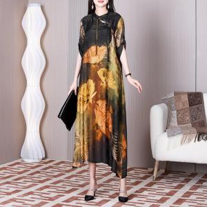 Lotus Flowers Black Modern Qipao Dress Loose Swing Dress