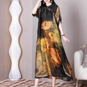 Lotus Flowers Black Modern Qipao Dress Loose Swing Dress