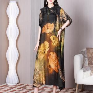 Lotus Flowers Black Modern Qipao Dress Loose Swing Dress