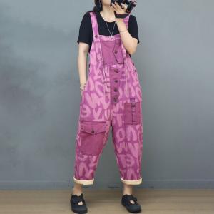 Street Fashion 90s Letter Overalls Patched Pockets Jean Dungarees