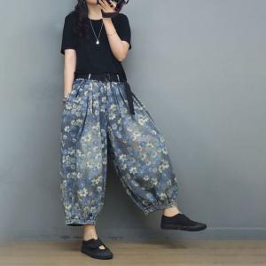 Summer Fluffy Floral Jeans Plus Size Ankle Jeans for Women