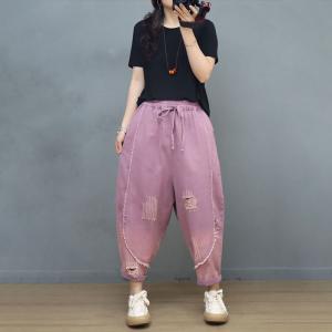 Pop Colors Fringed Harem Pants Ladies Ripped Jeans