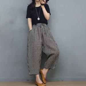 Classic Plaid Pull-On Pants Relax-Fit Cotton Linen Beach Pants