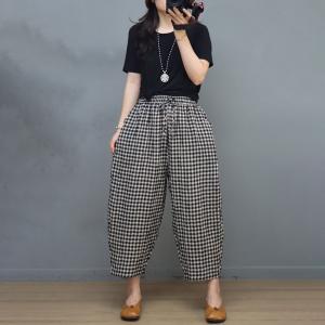 Classic Plaid Pull-On Pants Relax-Fit Cotton Linen Beach Pants