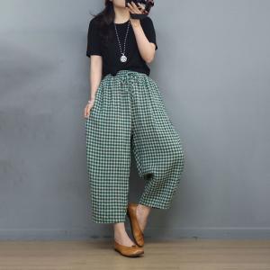 Classic Plaid Pull-On Pants Relax-Fit Cotton Linen Beach Pants