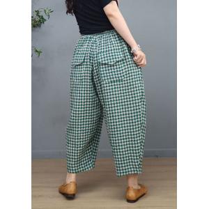 Classic Plaid Pull-On Pants Relax-Fit Cotton Linen Beach Pants
