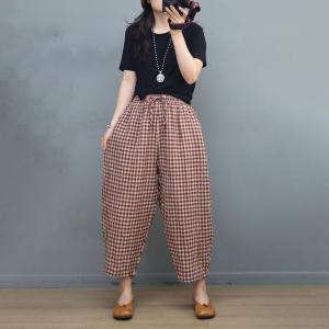 Classic Plaid Pull-On Pants Relax-Fit Cotton Linen Beach Pants