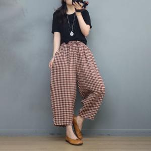 Classic Plaid Pull-On Pants Relax-Fit Cotton Linen Beach Pants