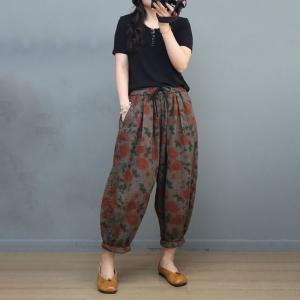 Tropical Flowers Resort Pants Womens Cotton Linen Ankle Pants