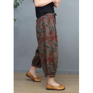 Tropical Flowers Resort Pants Womens Cotton Linen Ankle Pants