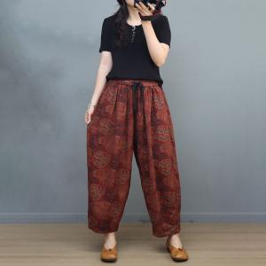 Tropical Flowers Resort Pants Womens Cotton Linen Ankle Pants