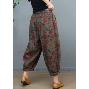 Tropical Flowers Resort Pants Womens Cotton Linen Ankle Pants