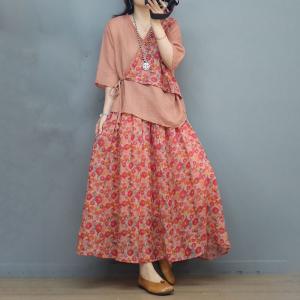 V-Neck Floral Tied Kimono Blouse with Ramie A-Line Maxi Skirt