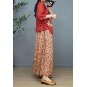 V-Neck Floral Tied Kimono Blouse with Ramie A-Line Maxi Skirt