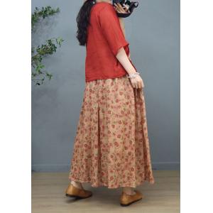 V-Neck Floral Tied Kimono Blouse with Ramie A-Line Maxi Skirt