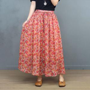 V-Neck Floral Tied Kimono Blouse with Ramie A-Line Maxi Skirt