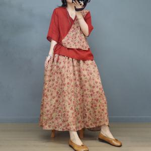 V-Neck Floral Tied Kimono Blouse with Ramie A-Line Maxi Skirt