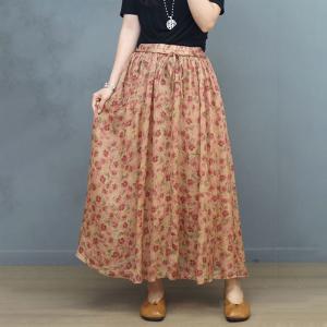 V-Neck Floral Tied Kimono Blouse with Ramie A-Line Maxi Skirt