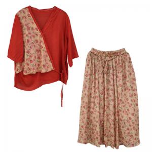 V-Neck Floral Tied Kimono Blouse with Ramie A-Line Maxi Skirt