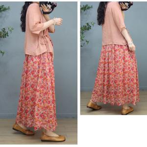 V-Neck Floral Tied Kimono Blouse with Ramie A-Line Maxi Skirt