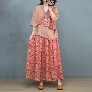 V-Neck Floral Tied Kimono Blouse with Ramie A-Line Maxi Skirt