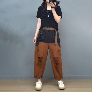 90s Fashion Baggy Ripped Jeans Contrast Colored Cargo Pants