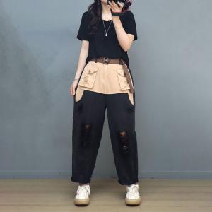 90s Fashion Baggy Ripped Jeans Contrast Colored Cargo Pants