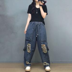Straps Ornament Baggy Dad Jeans Ripped High Rise Jeans