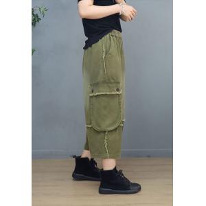 Side Pockets Fringed Cargo Pants Stone Wash Mid-Calf Pants