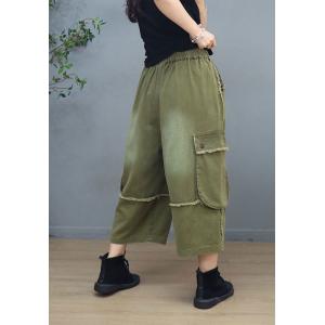 Side Pockets Fringed Cargo Pants Stone Wash Mid-Calf Pants