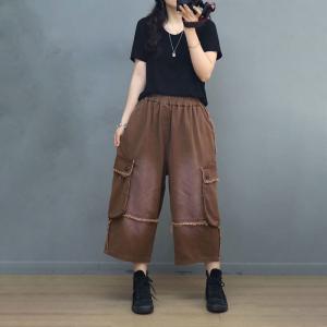 Side Pockets Fringed Cargo Pants Stone Wash Mid-Calf Pants