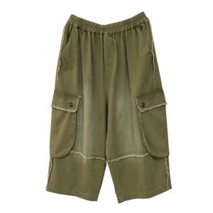 Side Pockets Fringed Cargo Pants Stone Wash Mid-Calf Pants