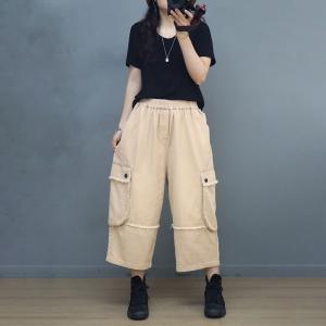 Side Pockets Fringed Cargo Pants Stone Wash Mid-Calf Pants