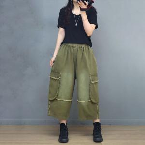 Side Pockets Fringed Cargo Pants Stone Wash Mid-Calf Pants