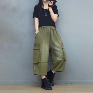 Side Pockets Fringed Cargo Pants Stone Wash Mid-Calf Pants