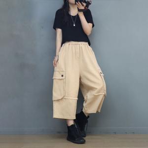 Side Pockets Fringed Cargo Pants Stone Wash Mid-Calf Pants