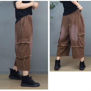 Side Pockets Fringed Cargo Pants Stone Wash Mid-Calf Pants