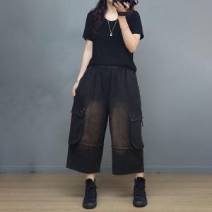 Flap Pockets Red Ankle Pants Straight Leg Baggy Black Pants