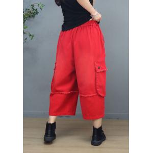 Flap Pockets Red Ankle Pants Straight Leg Baggy Black Pants