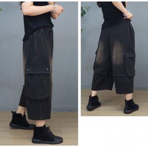 Flap Pockets Red Ankle Pants Straight Leg Baggy Black Pants