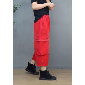 Flap Pockets Red Ankle Pants Straight Leg Baggy Black Pants