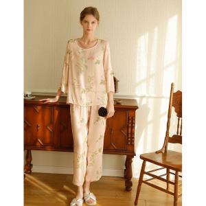 Rose Patterns Silky Pajamas Sets Loose Cozy Spring Pastel Homewear