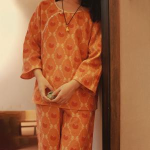 Persimmon Patterned Cotton Pajamas Sets for Women