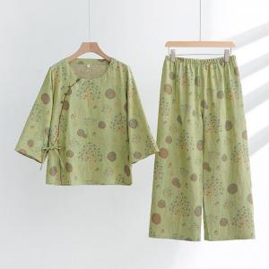 Chinese Buttons Dotted Tied Homewear Top with Green Cotton Pant Sets