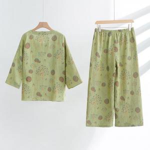 Chinese Buttons Dotted Tied Homewear Top with Green Cotton Pant Sets