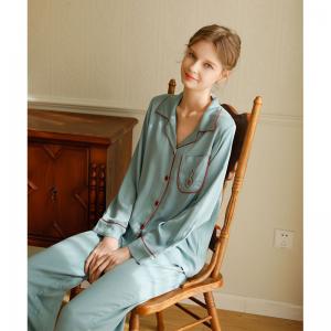 Gourd Embroidery Silk Blue Pajamas Shirt with Loose Wide Leg Pants