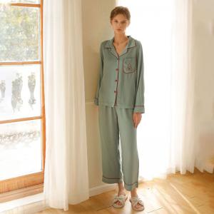 Gourd Embroidery Silk Blue Pajamas Shirt with Loose Wide Leg Pants