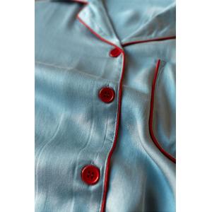 Gourd Embroidery Silk Blue Pajamas Shirt with Loose Wide Leg Pants