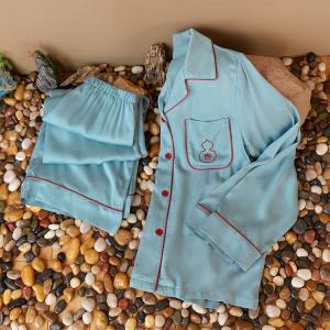 Gourd Embroidery Silk Blue Pajamas Shirt with Loose Wide Leg Pants